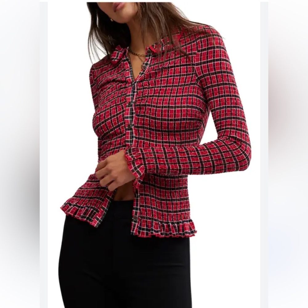 Free People Red and Black Plaid Top